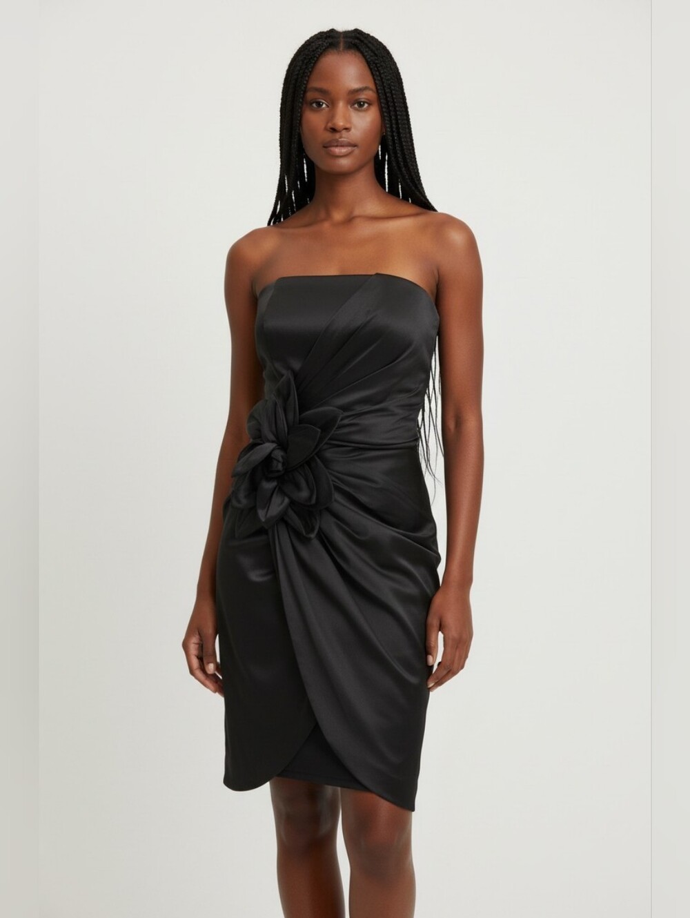 Black Strapless Dress with Floral Waist Detail